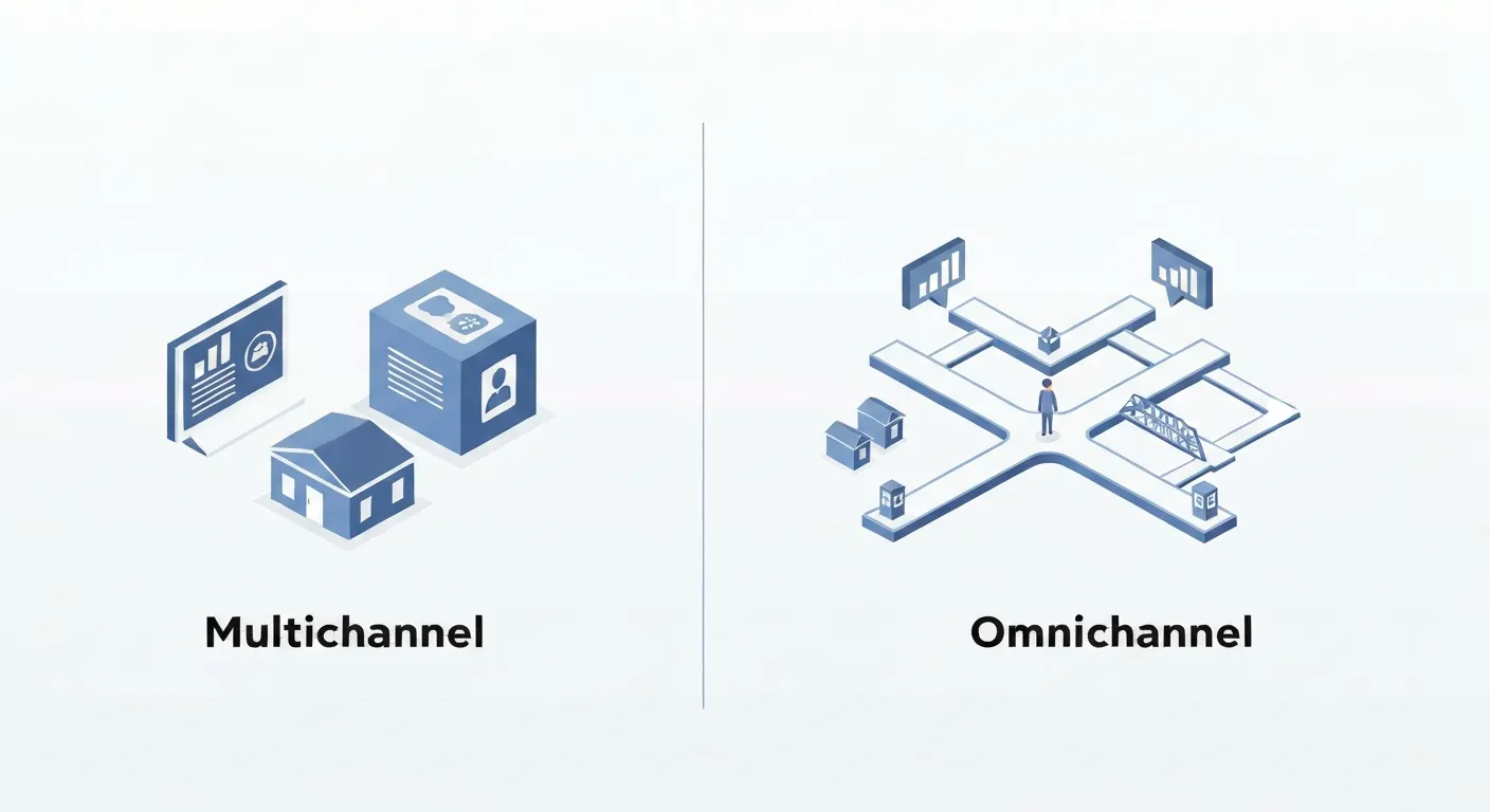 A comparative illustration showing the difference between multichannel and omnichannel. On the left, 'Multichannel' is depicted as separate, disconnected blocks for a store, website, and mobile app, with a confused customer. On the right, 'Omnichannel' shows the same elements seamlessly connected in a network with a happy customer at the center.