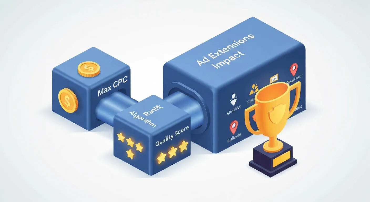 Infografika w stylu izometrycznym ilustrująca formułę Rankingu Reklamy (Ad Rank), gdzie bloki reprezentujące stawkę CPC, Wynik Jakości i wpływ rozszerzeń łączą się, aby stworzyć ostateczny wynik, podkreślając kluczową rolę rozszerzeń.