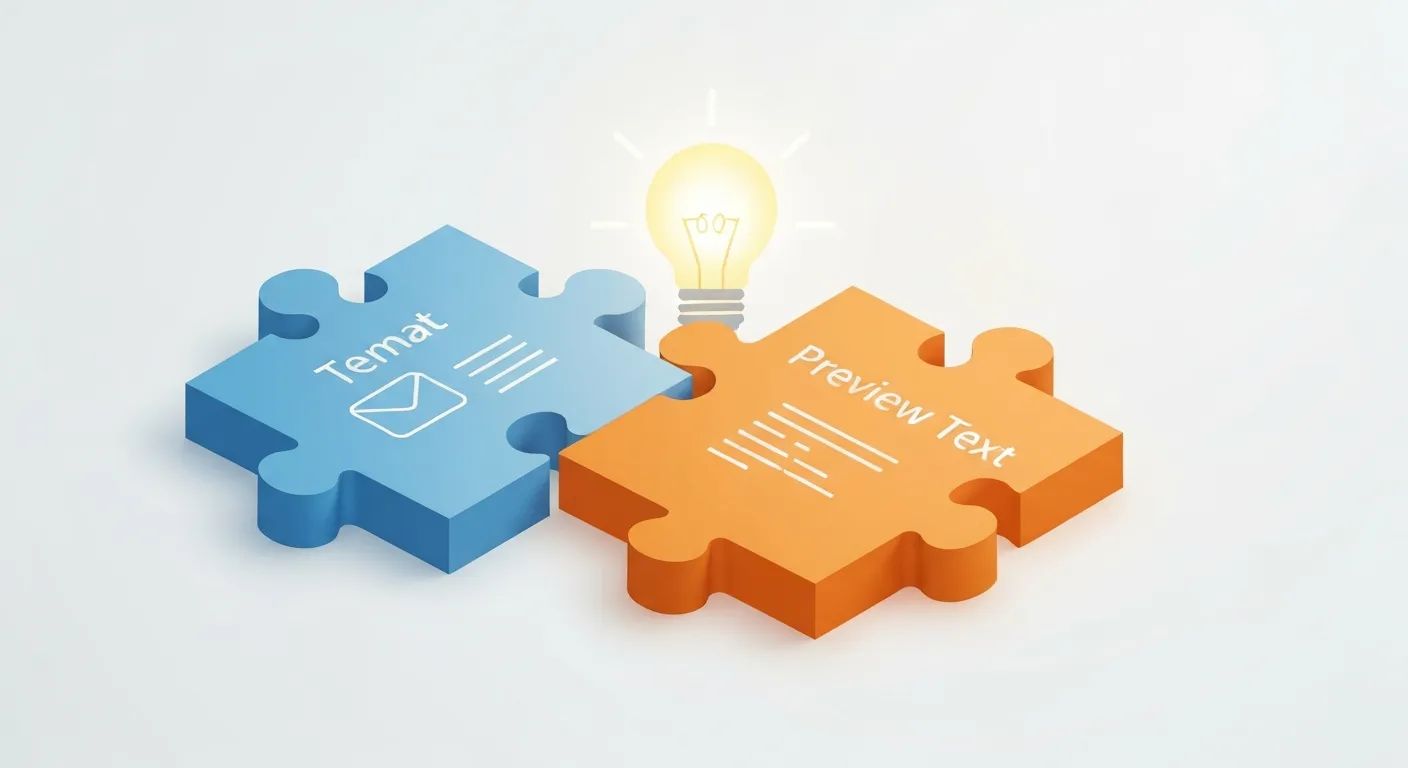 An isometric business illustration showing two 3D puzzle pieces fitting together perfectly. One piece is labeled 'Temat' (Subject) and the other is labeled 'Preview Text'. Together, they complete a larger picture of a successful email campaign, illustrating the concept that they must complement each other.