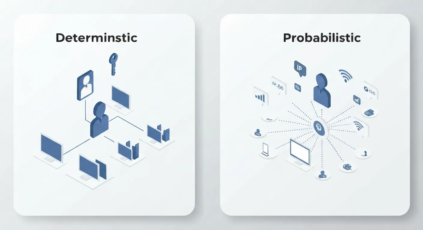 Ilustracja porównawcza pokazująca deterministyczną i probabilistyczną identyfikację użytkownika. Strona deterministyczna pokazuje solidne połączenie przez logowanie, podczas gdy strona probabilistyczna ukazuje przerywane, spekulacyjne połączenie oparte na różnych sygnałach danych.