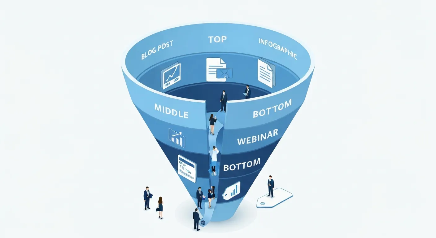 An isometric 3D illustration of a sales funnel, clearly divided into three sections: Top of the Funnel (ToFu), Middle of the Funnel (MoFu), and Bottom of the Funnel (BoFu). Each section features icons representing relevant content types, such as a blog post and ebook for ToFu, a case study and webinar for MoFu, and a demo and price list for BoFu.