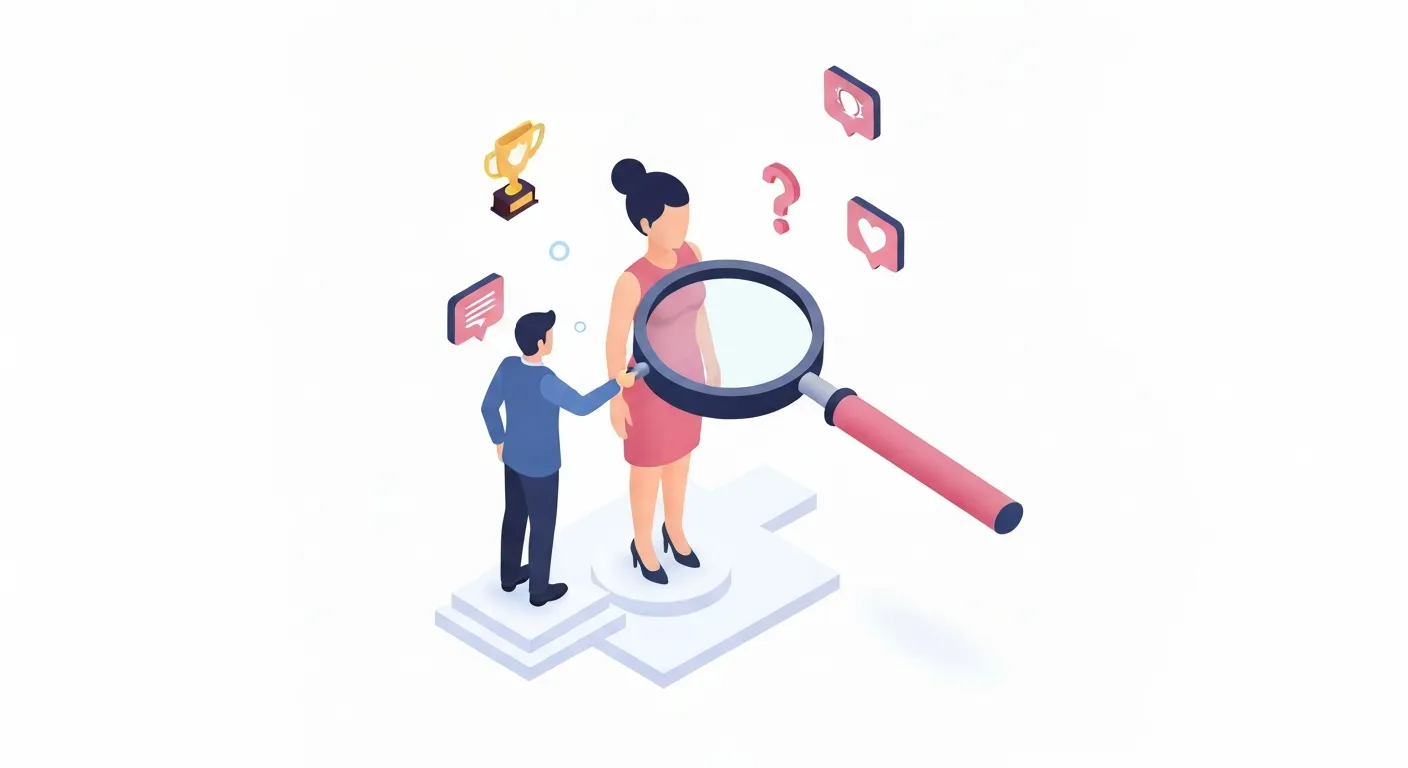 An isometric illustration of a marketing strategist carefully examining a detailed digital profile of a 'buyer persona' to understand their needs and challenges before writing content.