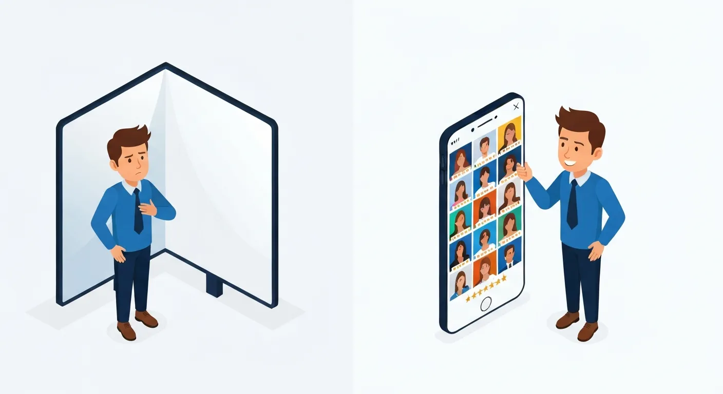 Ilustracja izometryczna w stylu biznesowym, która kontrastuje marketing tradycyjny z UGC. Po lewej stronie, konsument sceptycznie odwraca wzrok od dużego, wyidealizowanego billboardu reklamowego. Po prawej, ten sam konsument uśmiecha się, przeglądając na telefonie galerię autentycznych zdjęć i recenzji od innych klientów, co buduje zaufanie.