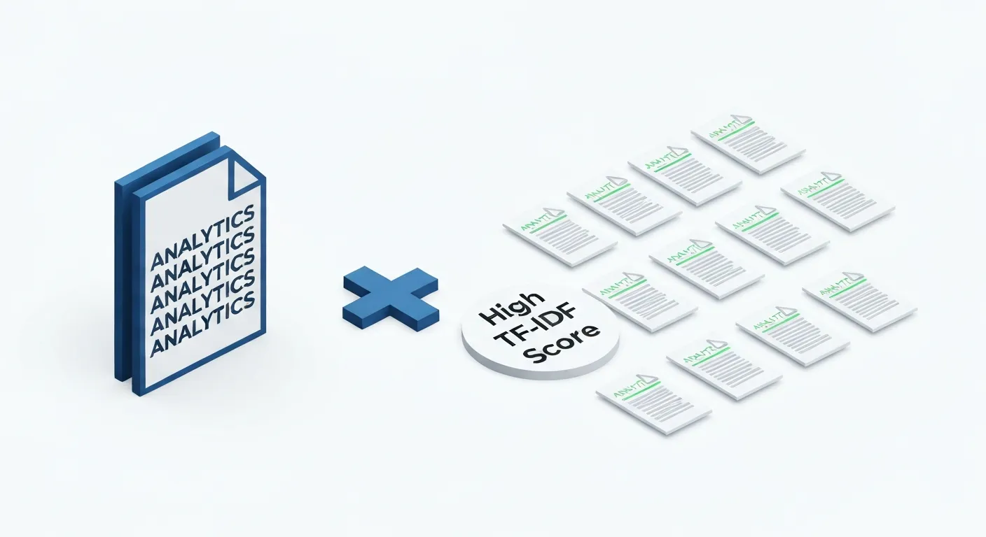An isometric infographic clearly explaining the two components of TF-IDF. On the left, labeled 'Term Frequency (TF)', a single document is shown with one word appearing frequently. On the right, labeled 'Inverse Document Frequency (IDF)', a collection of multiple documents is shown, with the same word appearing very rarely, highlighting its uniqueness. Arrows connect both concepts to a final high 'TF-IDF Score' in the center.