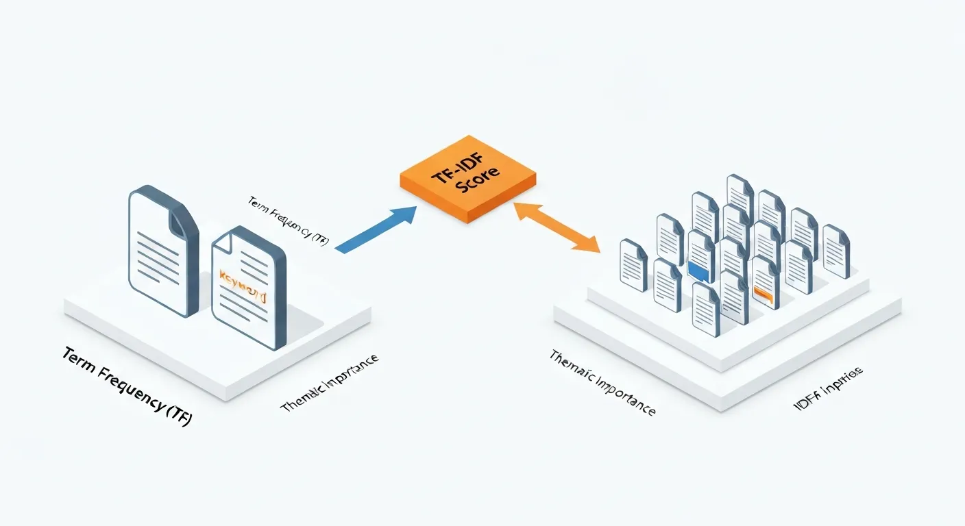 Infografika w stylu izometrycznym wyjaśniająca dwa kluczowe komponenty TF-IDF: Częstotliwość Terminu (TF) i Odwrotną Częstotliwość Dokumentową (IDF).
