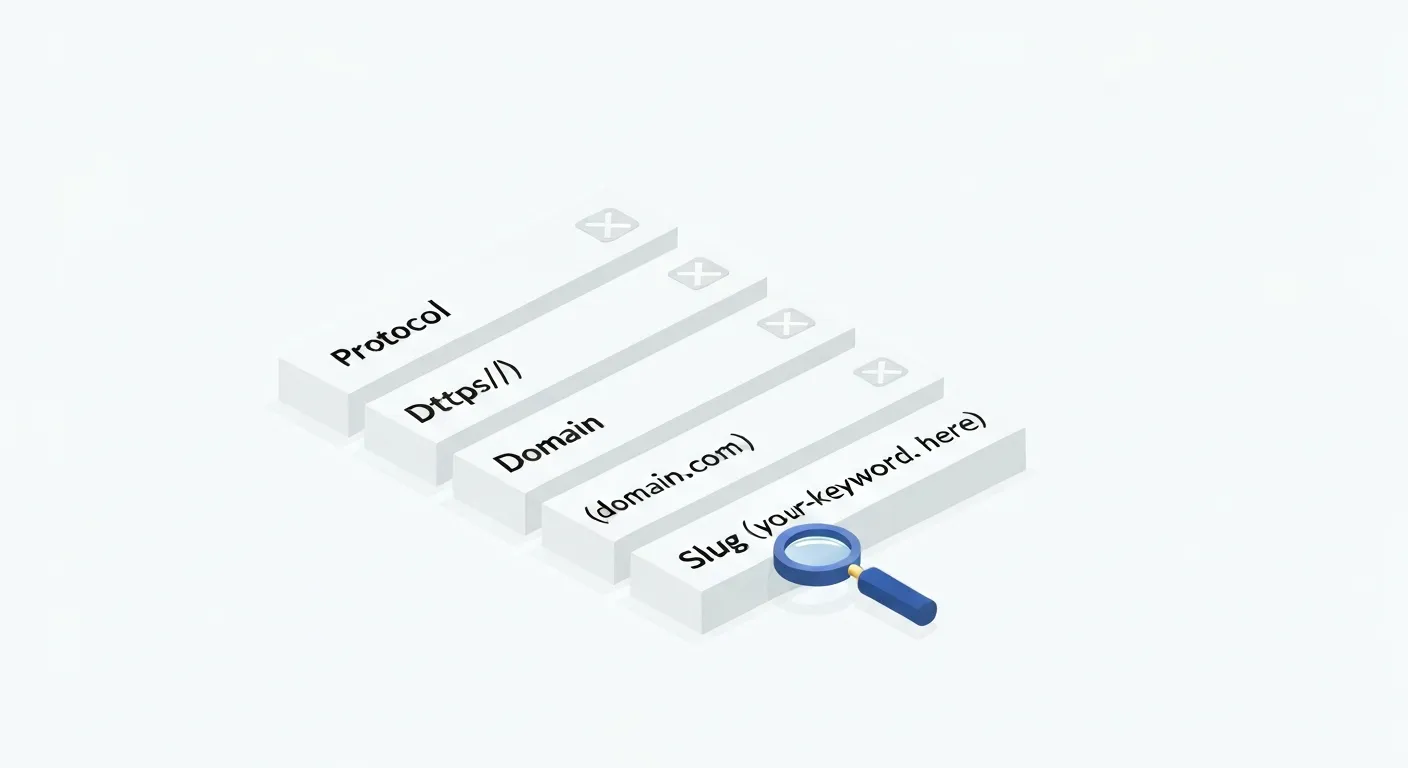 Infografika w stylu izometrycznym, która rozkłada przykładowy adres URL na części składowe: protokół (https), domenę, ścieżkę (/blog/) i wyróżniony, podświetlony 'slug' (co-to-jest-slug).