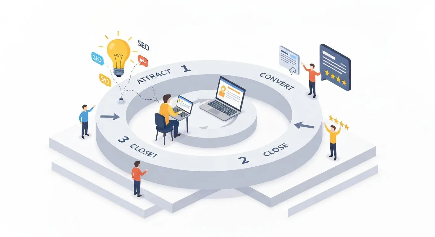 An isometric business illustration showing the four-stage inbound marketing methodology: Attract, Convert, Close, and Delight, arranged in a circular flow to represent a continuous customer journey.