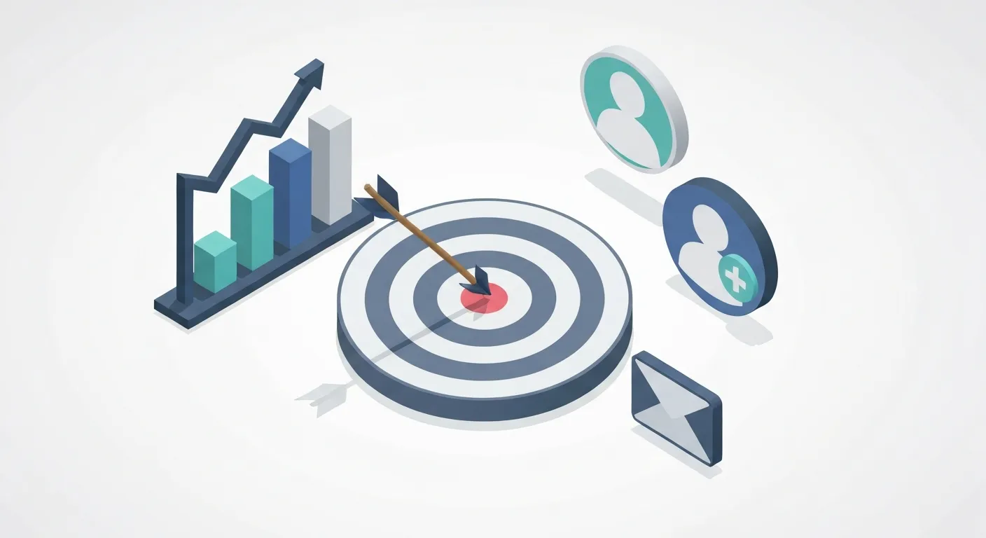 Izometryczna ilustracja przedstawiająca planszę strategiczną z tarczą celowniczą w centrum. Wokół tarczy znajdują się ikony symbolizujące cele biznesowe: rosnący wykres, ikona nowych obserwujących oraz ikona listy mailingowej. Obrazuje to proces definiowania celów i grupy docelowej dla giveawayu.