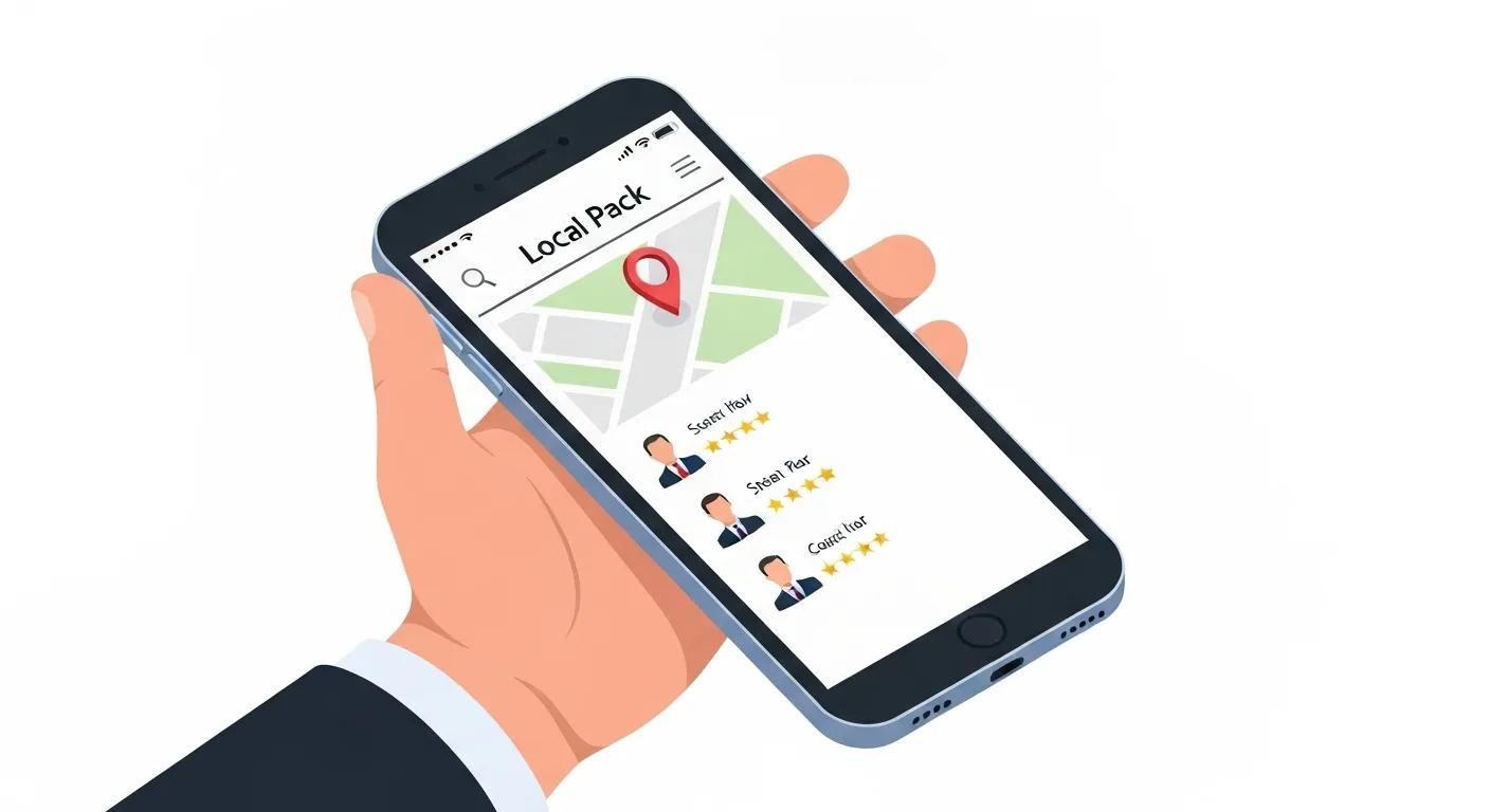 An isometric illustration of a hand holding a smartphone. The screen prominently displays the Google 'Local Pack' search results, with a map and three highlighted local businesses, demonstrating the primary goal of local SEO.