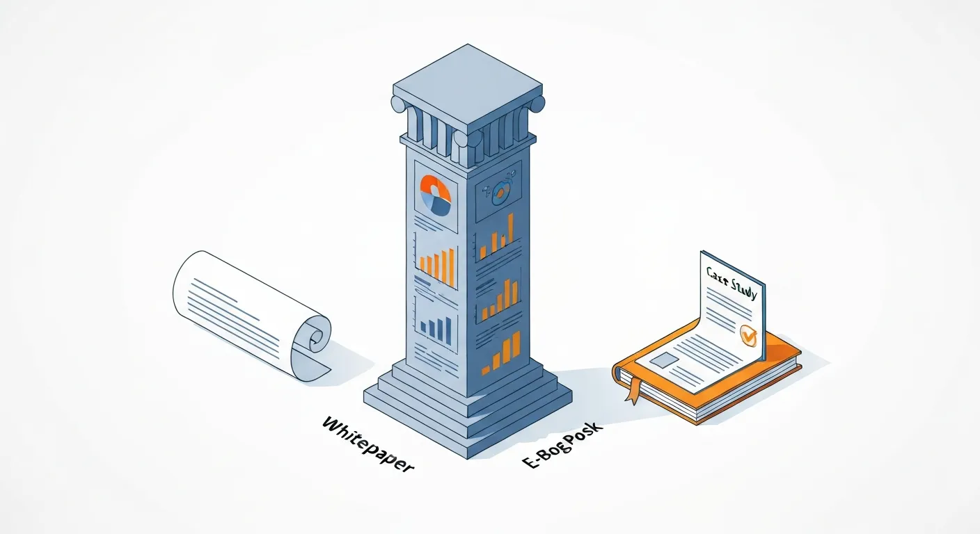 An isometric illustration comparing the depth of different content marketing formats. A tall, substantial, multi-layered document labeled 'Whitepaper' stands next to a shorter blog post, a more colorful e-book, and a simple case study document, clearly showing its superior authority and depth.