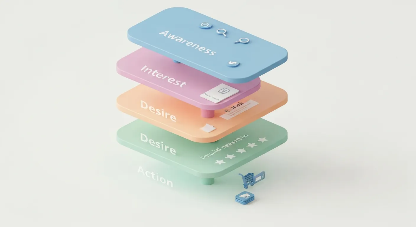 A clear isometric illustration of the AIDA marketing model, shown as a four-tiered funnel. Each level is distinctly colored and labeled: Awareness at the top with a megaphone icon, Interest with a blog icon, Desire with product star ratings, and Action at the bottom with a 'buy now' button.