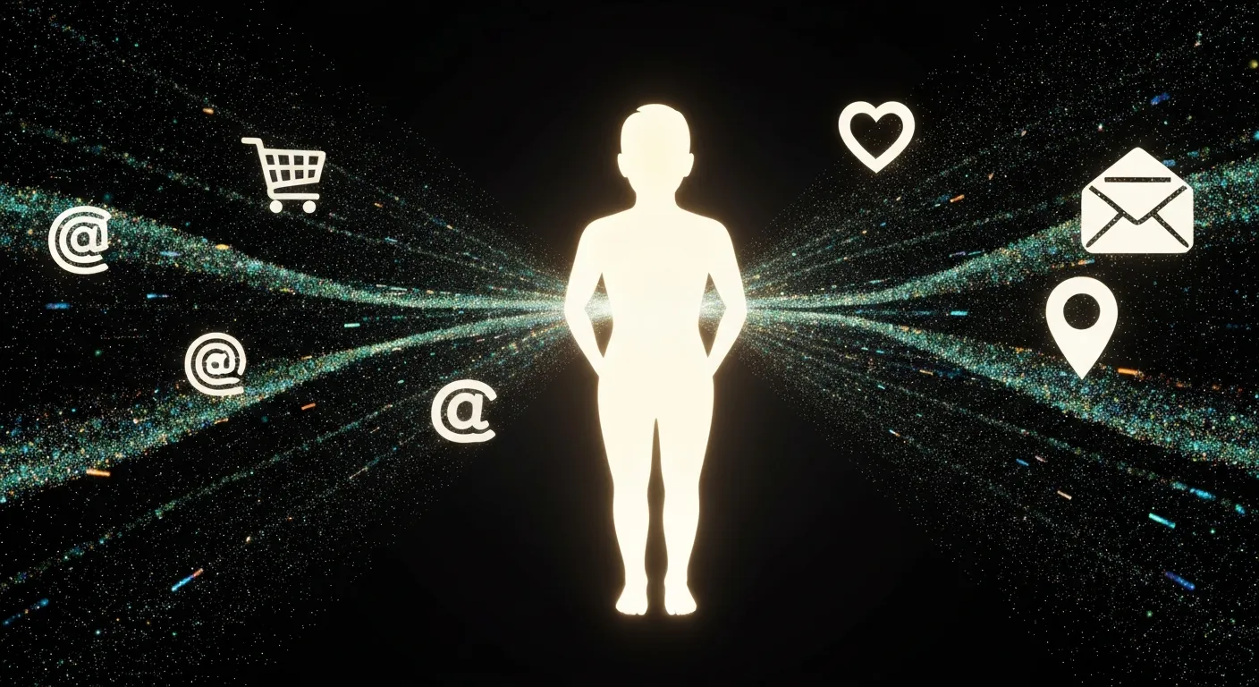 An abstract visualization of how technology and data form the foundation of an omnichannel strategy. Data points from different sources—like shopping carts, social media likes, and website clicks—flow towards and form a complete 360-degree digital profile of a customer.