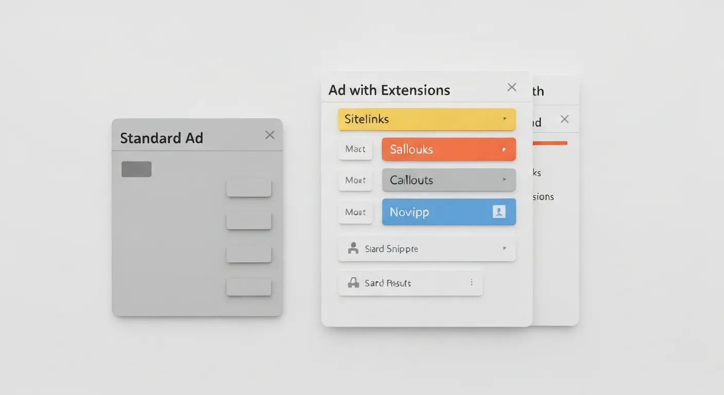 Porównanie dwóch reklam na stronie wyników wyszukiwania. Jedna jest standardową, małą reklamą tekstową, a druga jest dużą, rozbudowaną reklamą z widocznymi rozszerzeniami, która zajmuje znacznie więcej miejsca i przyciąga uwagę.