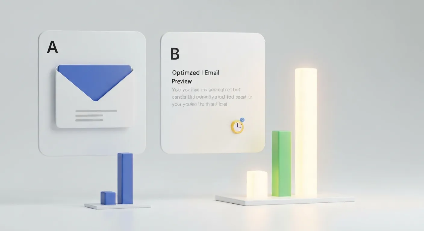 An abstract data visualization representing the A/B testing of an email preview text. Two versions, A and B, are shown side-by-side with performance graphs, where version B clearly shows a much higher open rate, highlighting the importance of optimization in email marketing.