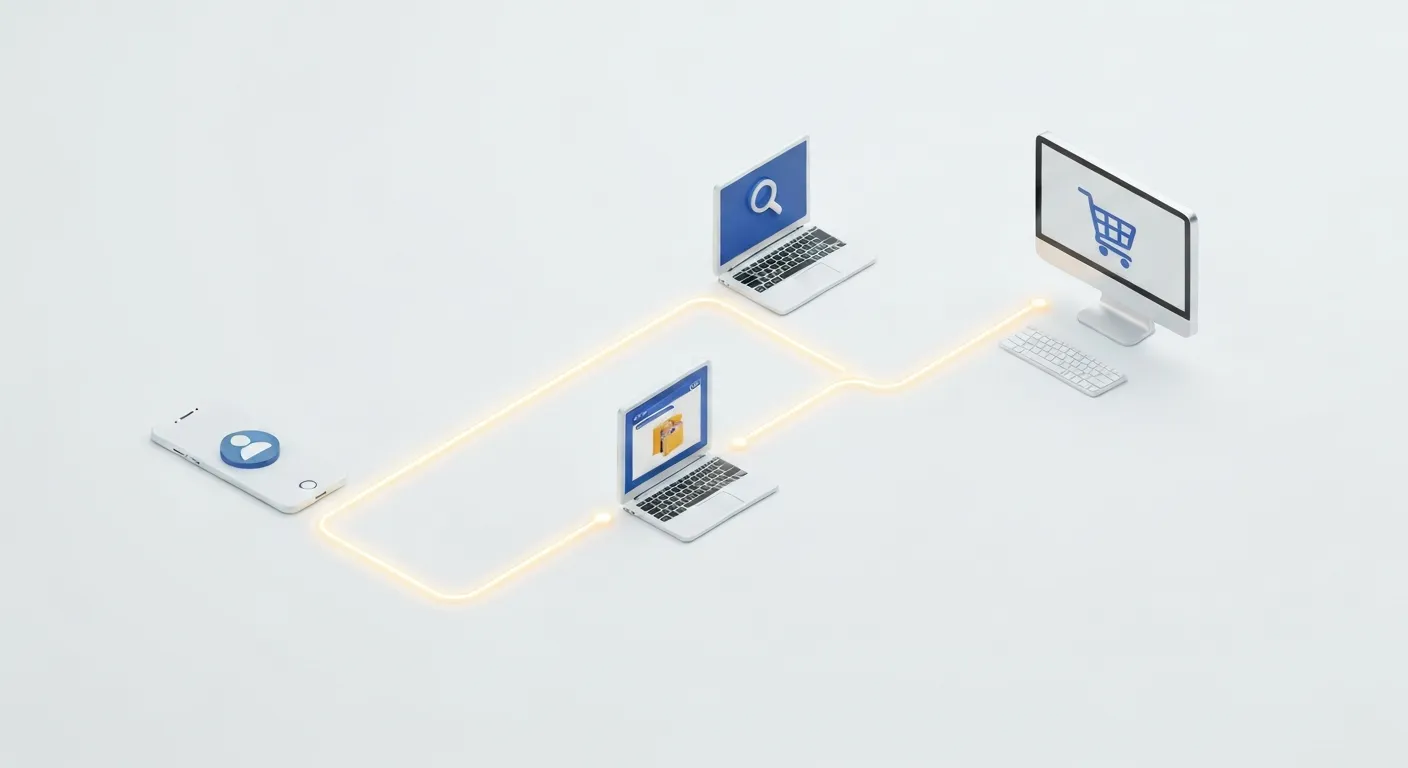 Infografika ilustrująca wielourządzeniową ścieżkę zakupową klienta. Ciągła linia łączy smartfon (odkrycie), laptop (research), tablet (rozważanie) i komputer stacjonarny (zakup), pokazując pełną drogę do konwersji.