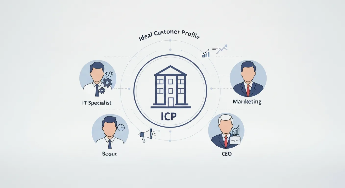 A conceptual business illustration showing the process of building a B2B Ideal Customer Profile and Buyer Personas. A central icon representing a target company (ICP) is surrounded by three detailed profiles of different buyer personas: an IT specialist, a marketing manager, and a CEO, with data points and graphs connecting them.