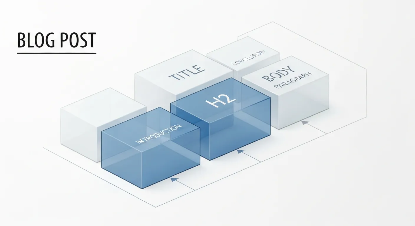 An abstract visualization showing the logical structure of a blog post as a well-organized blueprint with interconnected blocks for the title, headings, and paragraphs, symbolizing the importance of planning.