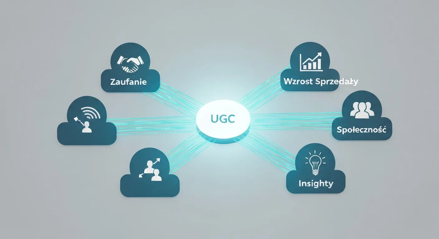Infografika w formie diagramu pokazująca kluczowe korzyści ze strategii UGC. Centralny element z napisem 'UGC' jest połączony z ikonami symbolizującymi: zaufanie (uścisk dłoni), wzrost sprzedaży (wykres strzałkowy w górę), zaangażowaną społeczność (grupa ludzi) oraz cenne insighty (żarówka).