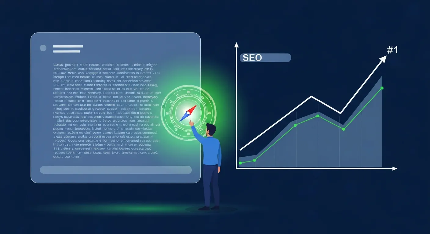 An illustration showing an SEO specialist using TF-IDF as a strategic tool. The specialist is holding a digital compass, which is pointing towards a holographic interface displaying an article. The interface highlights thematically important keywords in green, guiding the content creation process. In the background, a search engine results page is visible with the website at the number one position.