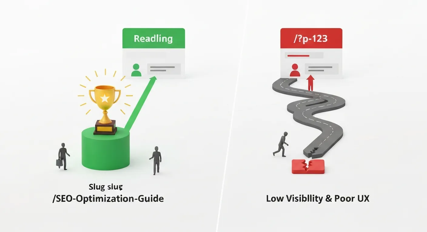 Wizualne porównanie wpływu dobrego i złego sluga na SEO. Z jednej strony czysty, czytelny slug prowadzi użytkownika i robota Google do wysokiej pozycji w rankingu, a z drugiej chaotyczny slug prowadzi do niskiej widoczności.