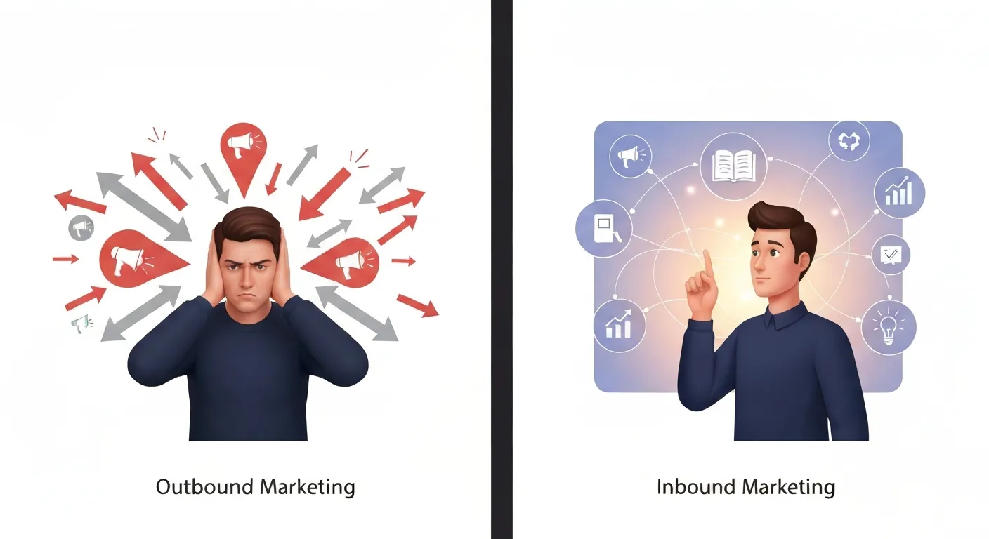 A conceptual illustration contrasting Inbound and Outbound marketing. One side shows a customer happily engaging with helpful content online, while the other side shows a customer annoyed by intrusive, loud advertising.