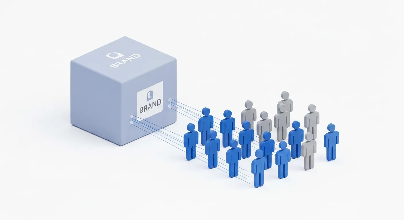 Abstrakcyjna ilustracja przedstawiająca atrakcyjny produkt marki działający jak magnes. Przyciąga on określoną grupę ludzi (idealnych klientów), ignorując pozostałych. Symbolizuje to strategiczny wybór nagrody w giveawayu, która działa jak filtr i przyciąga właściwą grupę docelową.