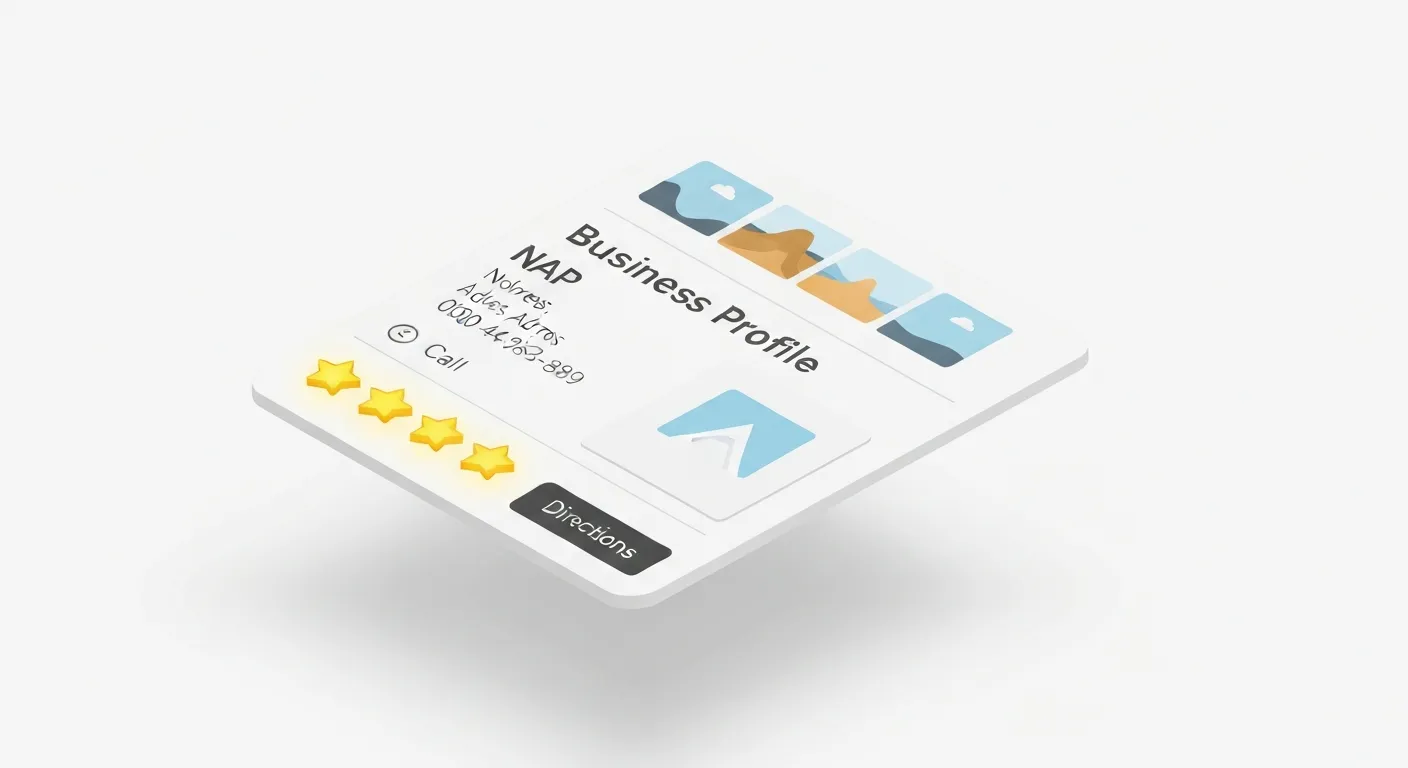 An isometric 3D illustration of a complete Google Business Profile card, showing the business name, address, phone number (NAP), five glowing review stars, and photos, representing the solid foundation of a local SEO strategy.