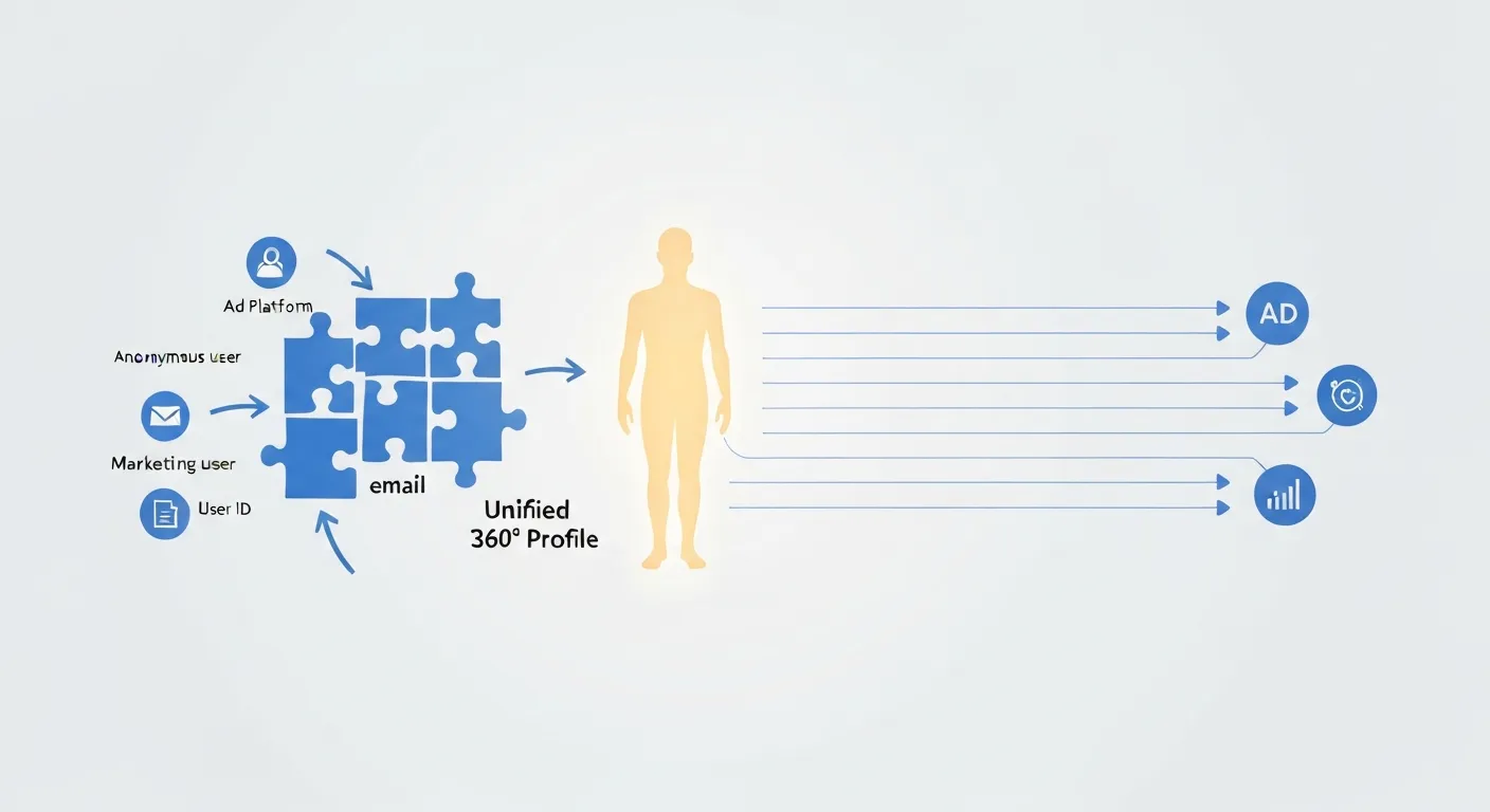 Diagram wizualizujący proces unifikacji danych w Segment CDP. Rozproszone fragmenty danych klienta są łączone w jeden 360-stopniowy profil, który jest następnie aktywowany w różnych narzędziach marketingowych.