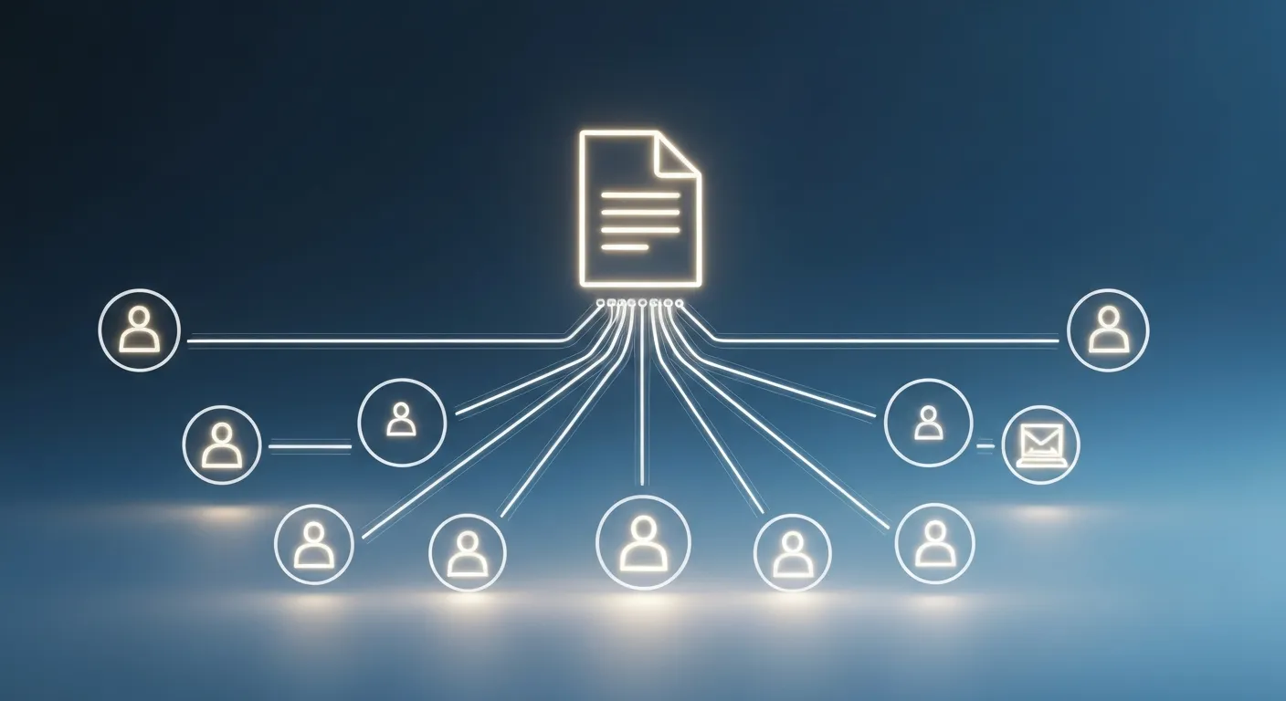 An abstract visualization showing the process of turning a whitepaper into leads. A central whitepaper icon emits digital signals that travel through various marketing channel icons (email, social media, website) to connect with and activate stylized user profile icons.