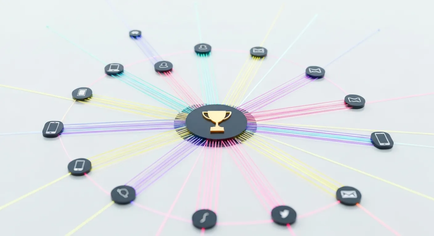 An abstract data visualization showing the complexity of a modern customer journey. A web of interconnected nodes, representing various touchpoints like a smartphone, laptop, and physical store, are linked by multiple glowing lines, illustrating a non-linear path that converges on a central conversion point.