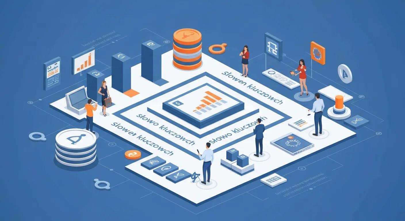 Izometryczna ilustracja przedstawiająca centralne słowo kluczowe rozgałęziające się na setki powiązanych fraz, co wizualizuje działanie narzędzia Keyword Magic Tool w Semrush.