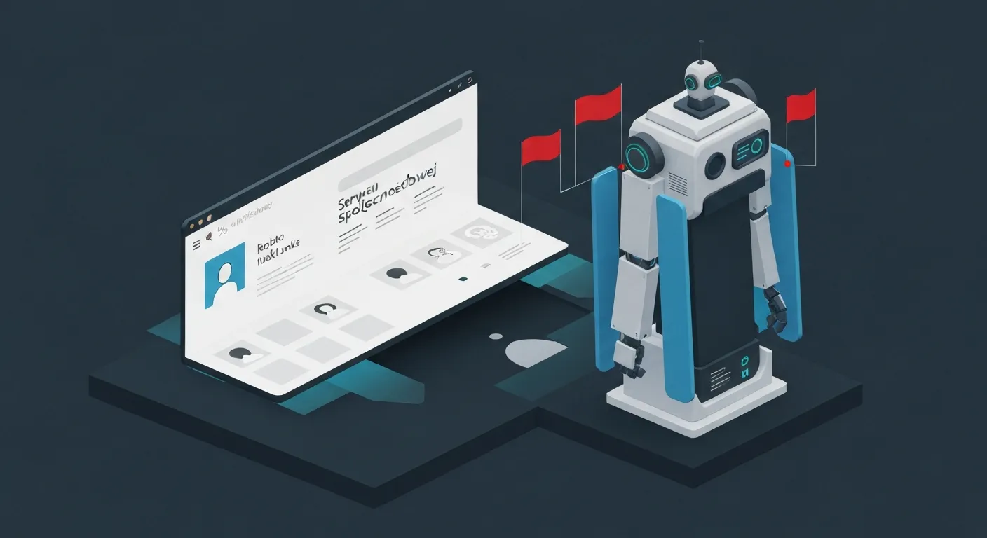 Ilustracja przedstawiająca zautomatyzowany robot przeszukujący stronę internetową za pomocą lupy i oznaczający błędy techniczne, co symbolizuje funkcję Audytu Strony w Semrush.