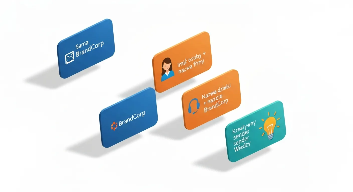 An isometric illustration showcasing four different styles of email sender names on stylized cards. The first shows a corporate logo for 'Brand XYZ'. The second shows a person's avatar with 'Maria z XYZ'. The third shows a department icon for 'Support XYZ'. The fourth shows a creative lightbulb icon for 'Your Weekly Idea'.