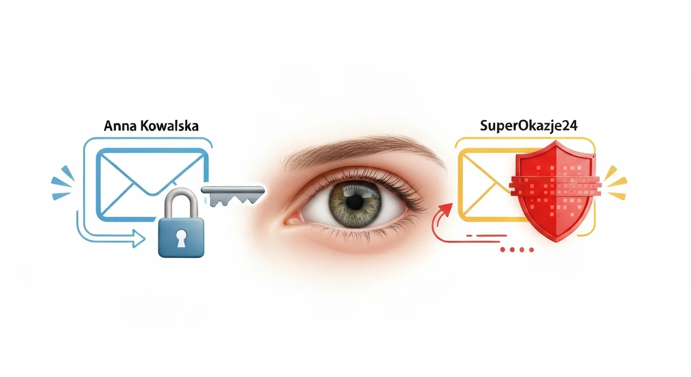An abstract illustration symbolizing trust in email. A stylized human eye is looking at a screen. A familiar sender name 'Przyjaciel' is depicted as a key unlocking a padlock, representing access and trust. An unfamiliar sender name 'Obcy' is shown bouncing off a shield, representing being ignored or marked as spam.