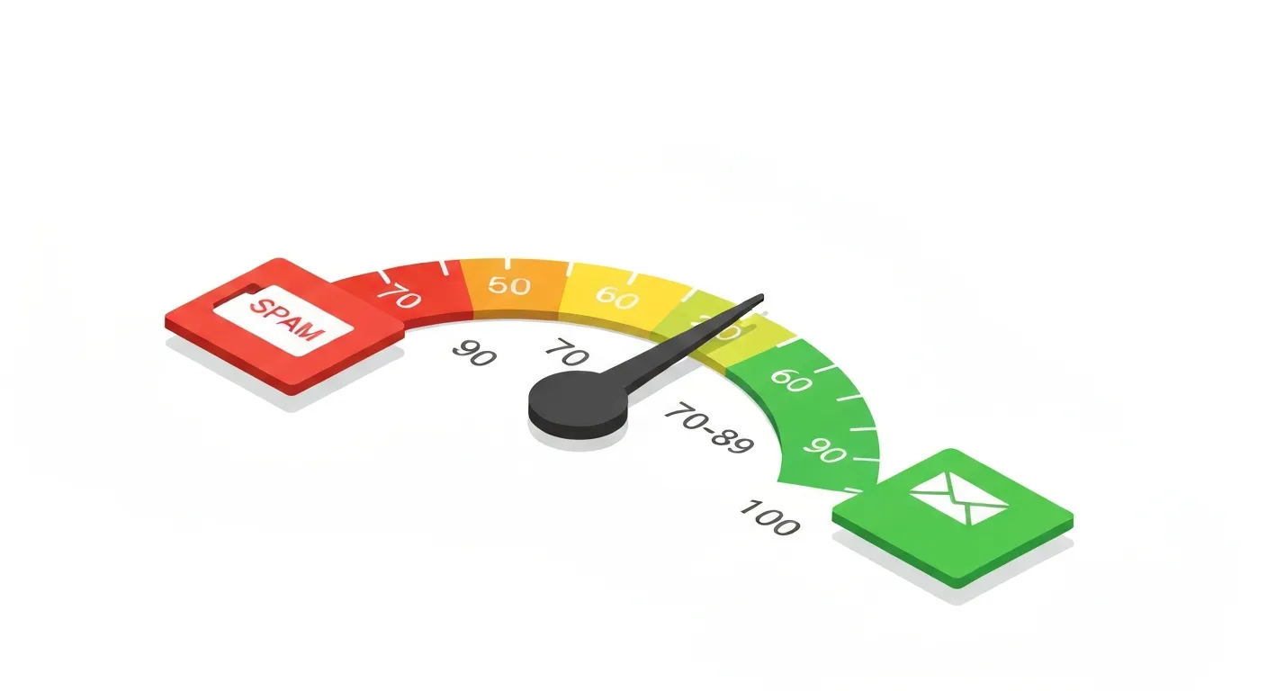 Ilustracja w stylu infografiki pokazująca wskaźnik Sender Score, podobny do prędkościomierza, z podziałem na kolorowe sekcje od czerwonej (niska reputacja) do zielonej (wysoka reputacja). Wskazówka jest w zielonym polu, co symbolizuje doskonały wynik i wysoką dostarczalność wiadomości email.