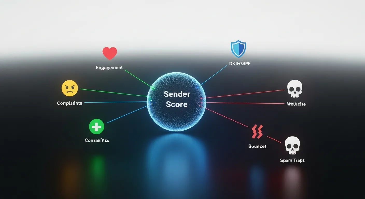 Abstrakcyjna wizualizacja danych ilustrująca czynniki wpływające na Sender Score. W centrum znajduje się świecąca kula z napisem 'Sender Score', do której prowadzą linie od różnych ikon. Ikony pozytywne (zaangażowanie, uwierzytelnianie) mają zielone połączenia, a negatywne (skargi, pułapki spamowe) mają czerwone połączenia.