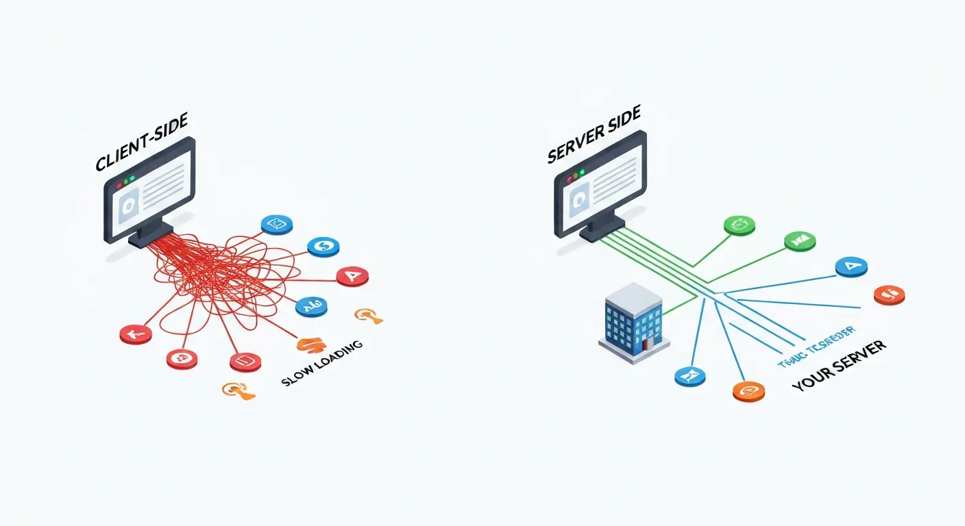 Diagram porównawczy ilustrujący różnicę między tagowaniem client-side a server-side. Po lewej stronie przeglądarka użytkownika wysyła wiele spowolnionych, chaotycznych żądań do zewnętrznych usług. Po prawej, przeglądarka wysyła jedno szybkie żądanie do serwera tagującego, który następnie efektywnie dystrybuuje dane.