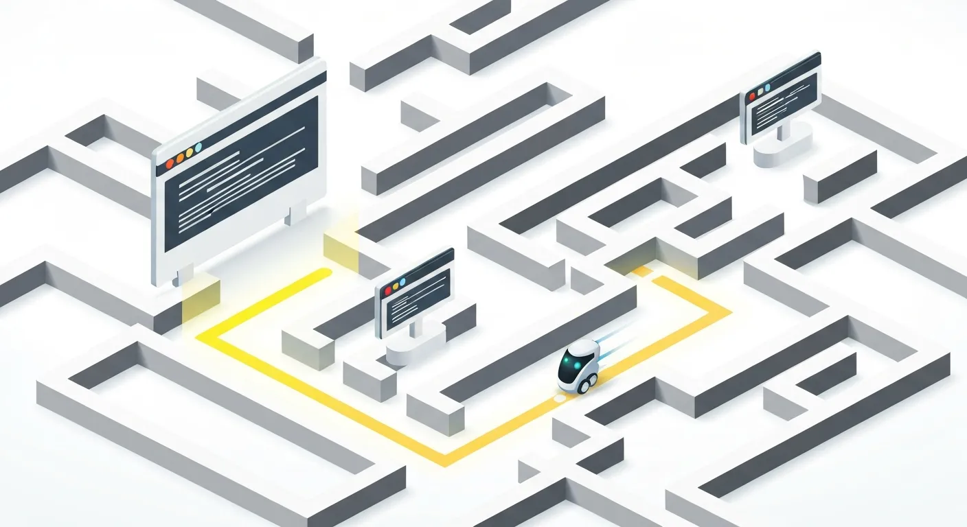 Ilustracja przedstawiająca robota wyszukiwarki efektywnie podążającego po wyznaczonej przez sitemapę ścieżce w skomplikowanym labiryncie danych, co symbolizuje optymalizację budżetu indeksowania.