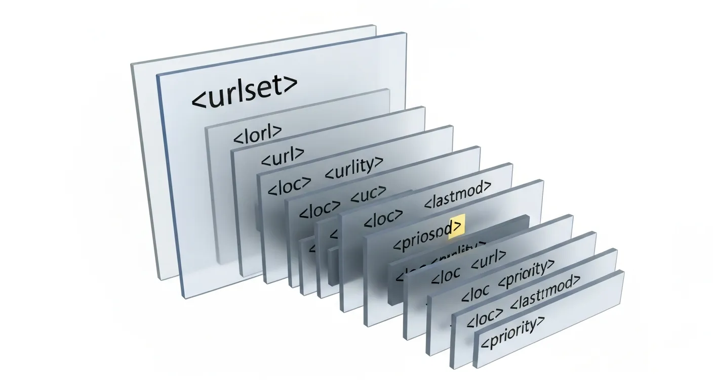 Graficzna reprezentacja struktury pliku sitemap XML, pokazująca hierarchię znaczników takich jak urlset, url i loc jako połączone ze sobą bloki danych.