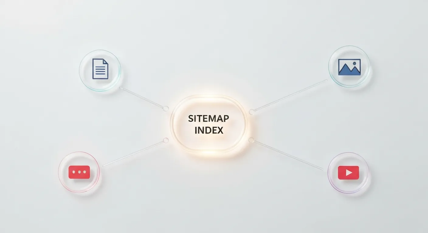 Wizualizacja przedstawiająca strukturę indeksu map witryn. Centralny dokument 'Sitemap Index' rozgałęzia się na mniejsze, specjalistyczne mapy witryn dla stron, obrazów i wideo, każda oznaczona odpowiednią ikoną.
