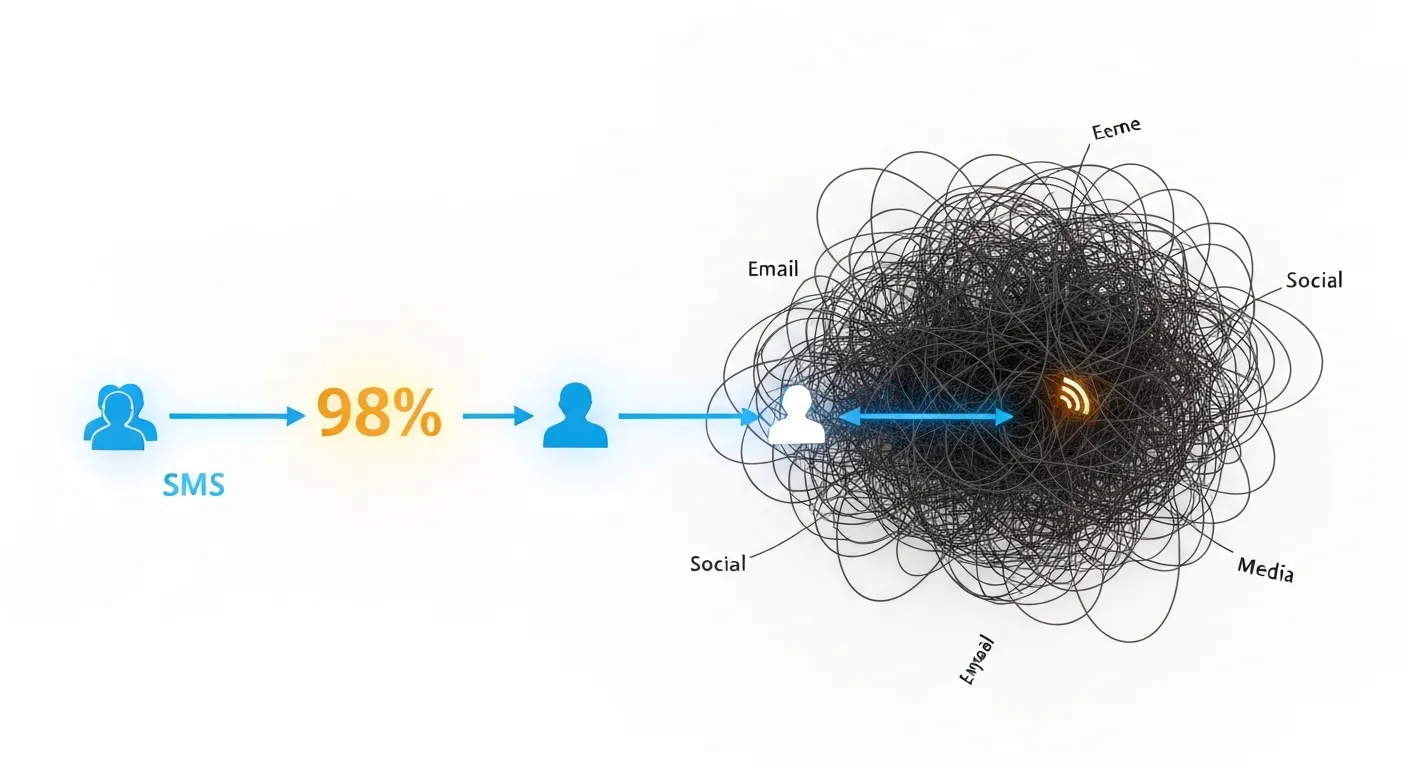 Wizualizacja danych pokazująca bezpośrednią i skuteczną drogę wiadomości SMS do klienta z 98% wskaźnikiem otwarć, w kontraście do zatłoczonych kanałów e-mail i social media.