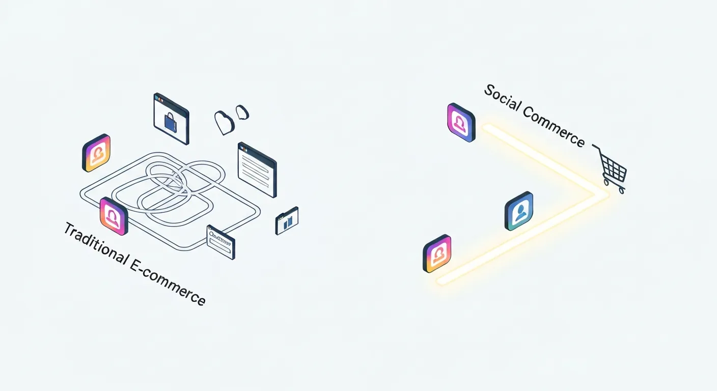 An isometric illustration comparing the customer journey of traditional e-commerce versus social commerce. The traditional path is a long, winding road with multiple stops, while the social commerce path is a short, direct bridge from a social media icon to a shopping cart, representing speed and efficiency.