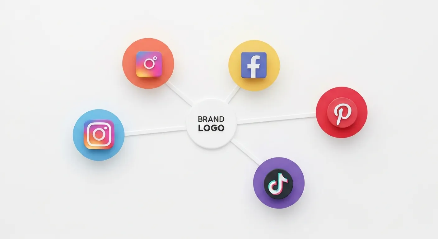 A conceptual diagram showing a central brand icon connected to different social media platforms like Instagram, Facebook, Pinterest, and TikTok. Each platform icon is inside a bubble, representing distinct customer environments, illustrating the need for a tailored strategy for each channel.