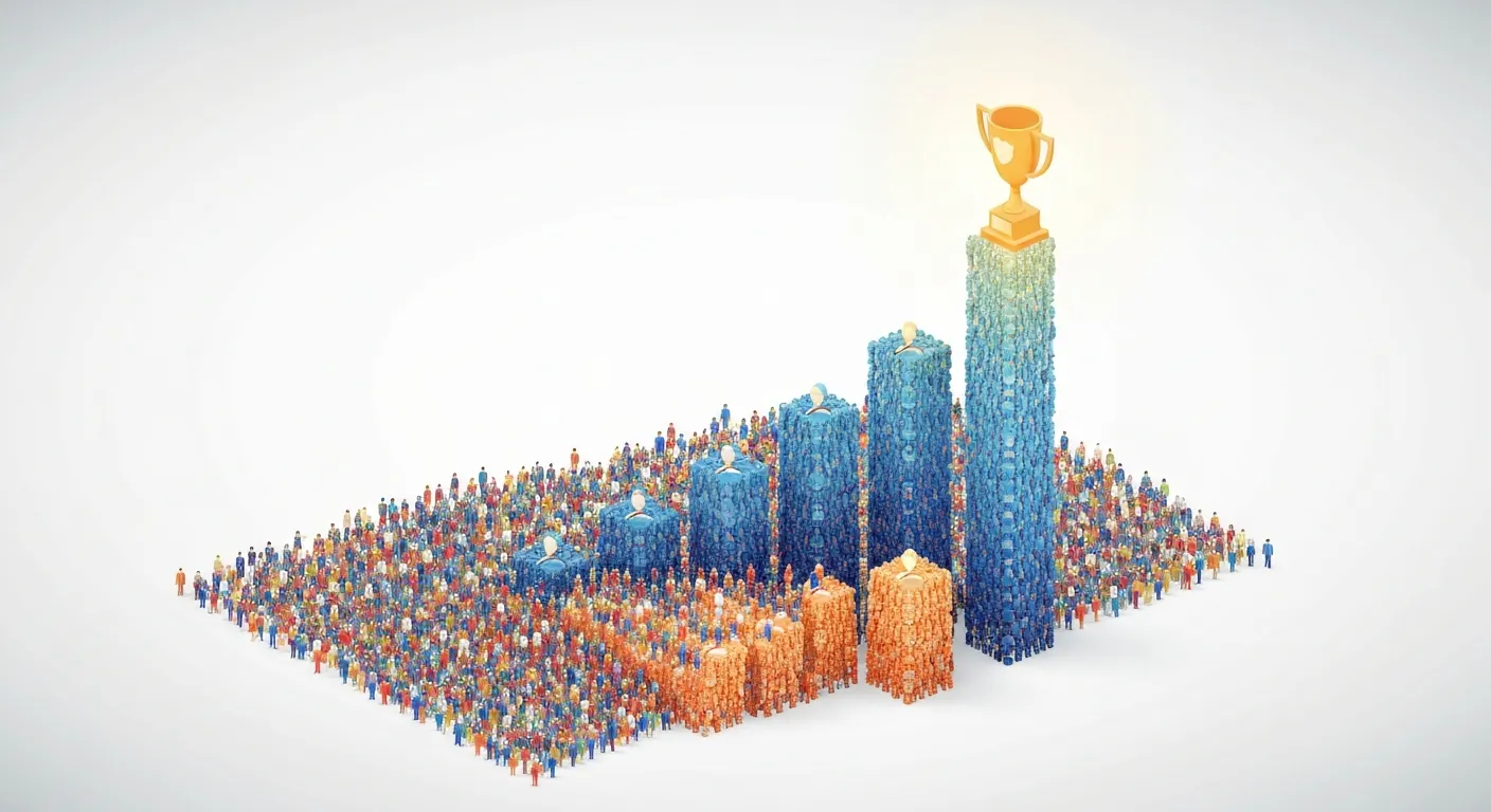 Izometryczna ilustracja przedstawiająca wykres słupkowy rosnący w górę, zbudowany z małych ikon ludzi. Na szczycie wykresu znajduje się ikona trofeum, co symbolizuje sukces i popularność osiągnięte dzięki dużej liczbie użytkowników - koncepcja dowodu 'mądrości tłumu'.
