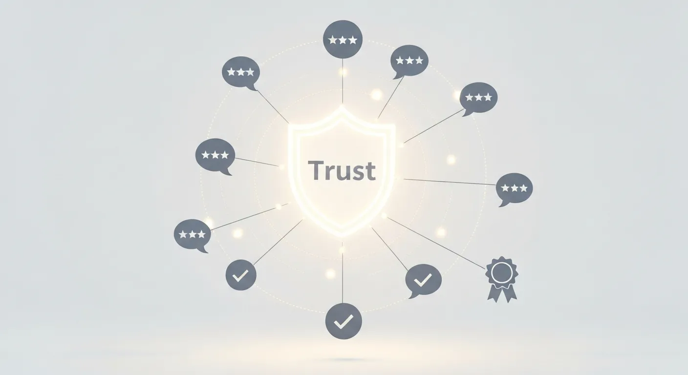 Abstrakcyjna wizualizacja przedstawiająca centralną tarczę z napisem 'Zaufanie'. Wokół tarczy orbitują ikony pięciu gwiazdek, pozytywnych recenzji (dymki z kciukiem w górę) i certyfikatów jakości, które ją zasilają i wzmacniają. Ilustracja symbolizuje budowanie zaufania do marki za pomocą różnych form social proof.