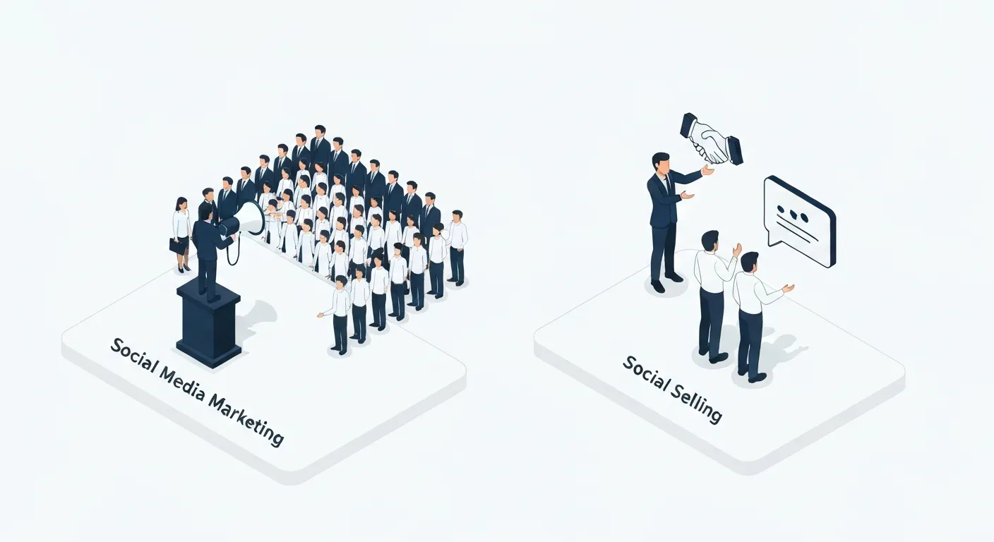 Porównanie Social Sellingu (komunikacja jeden na jeden) z Social Media Marketingiem (komunikacja jeden do wielu) za pomocą ilustracji izometrycznej.
