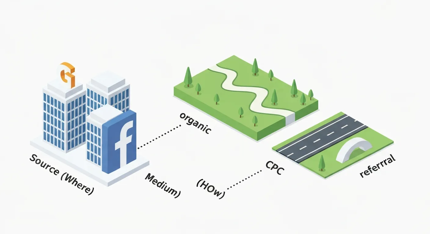 An isometric illustration clarifying the difference between 'Source' and 'Medium'. On one side, buildings with logos for Google and Facebook represent the 'Source' (where). On the other, different paths like a winding trail for 'organic' and a highway for 'cpc' represent the 'Medium' (how).