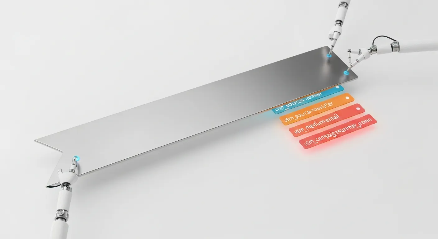 A visual metaphor for UTM parameters, showing a simple grey data packet representing a URL. Robotic arms are attaching colorful, glowing labels to it, with text like 'utm_source' and 'utm_medium', symbolizing the process of tagging links for tracking.