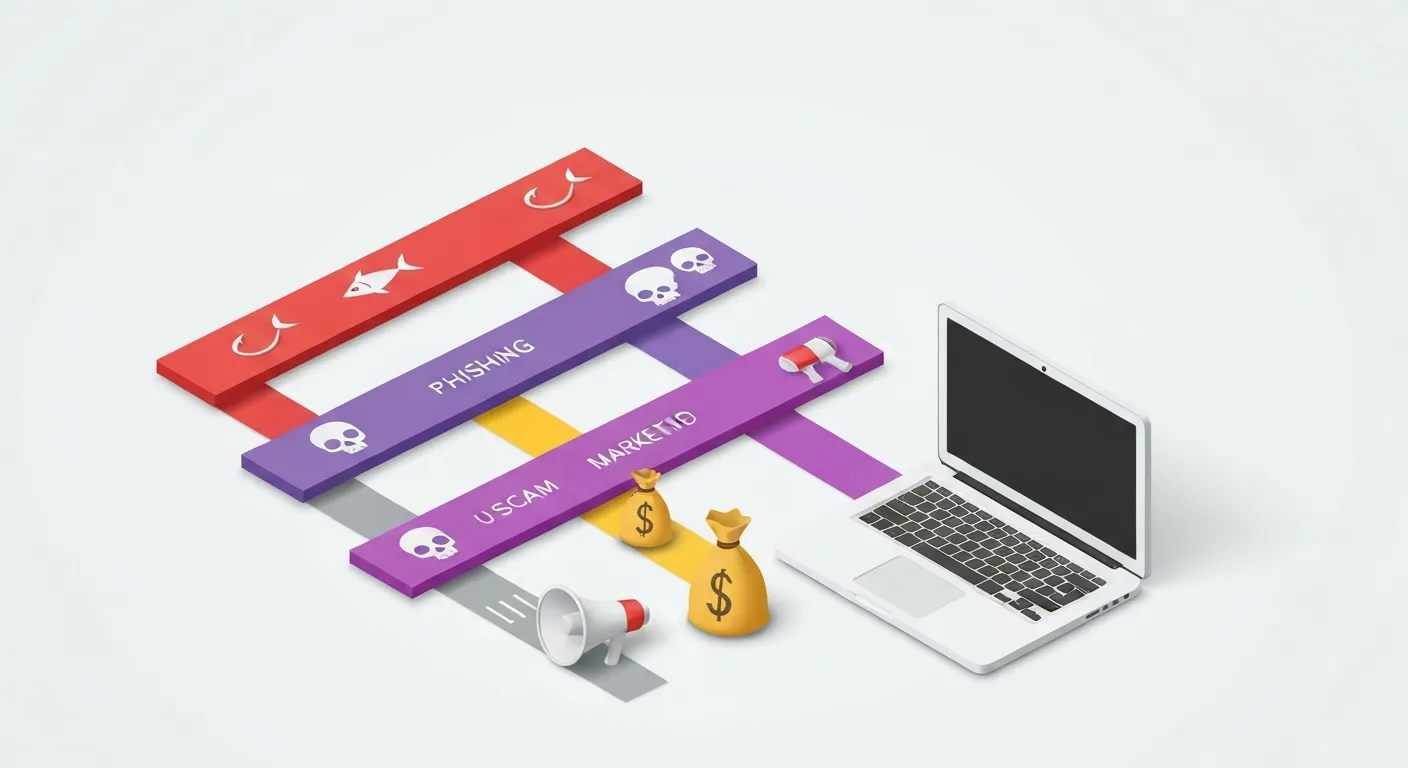 Izometryczna ilustracja przedstawiająca różne rodzaje ataków spamowych: spam marketingowy, phishing, malware i oszustwa, które w formie kolorowych strumieni danych z ikonami celują w laptopa.