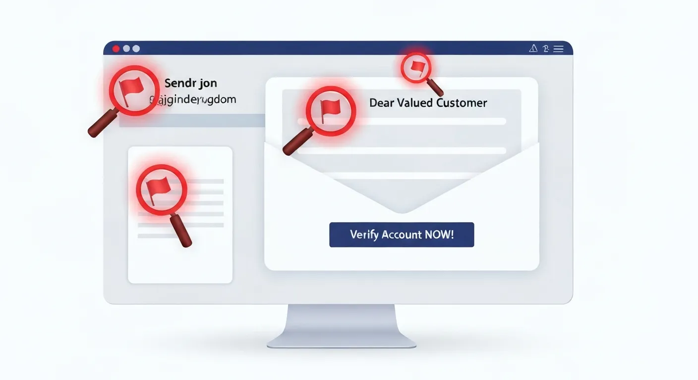 Zbliżenie na fałszywą wiadomość e-mail na ekranie komputera. Lupy powiększające podkreślają czerwone flagi: podejrzany adres e-mail nadawcy, ogólne powitanie oraz pilny, groźnie brzmiący temat wiadomości.